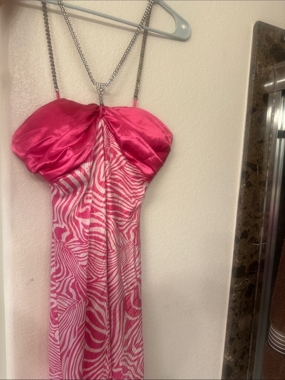 Pink Zebra-Print Satin One-Piece Dress with rhinestones